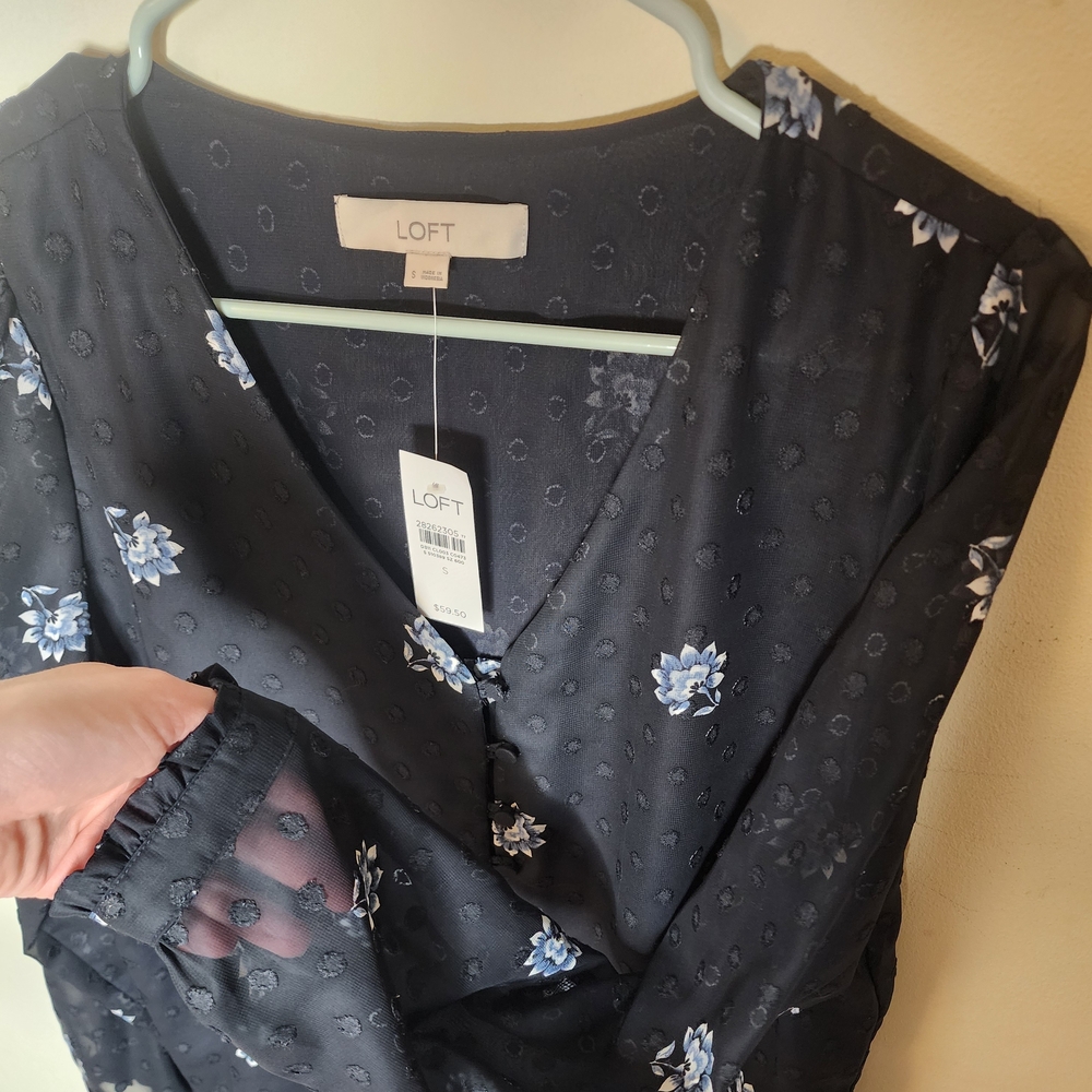 LOFT Dark Blue Blouse with Light Blue Floral Pattern - Picture 3 of 4
